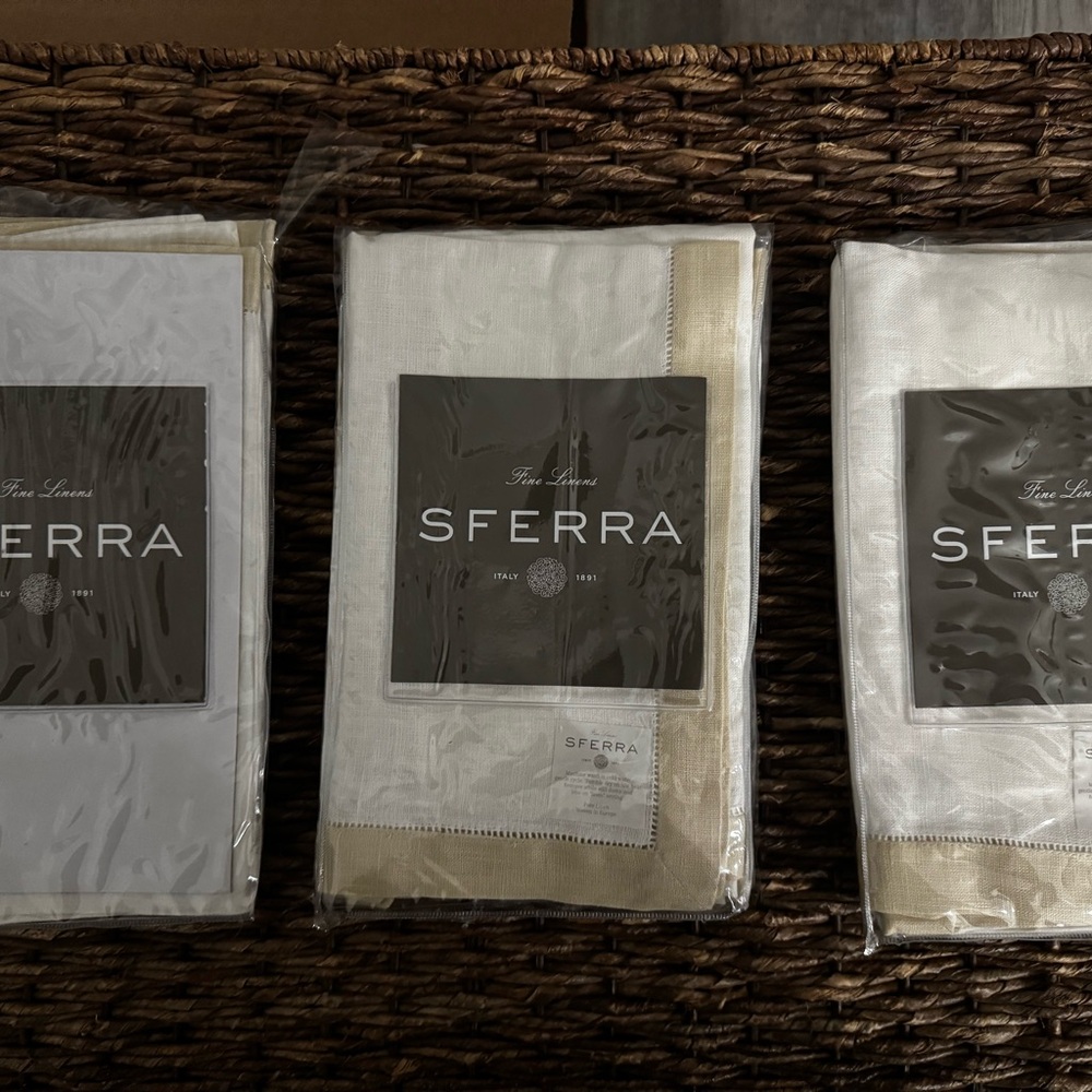 SFERRA White Linen Napkins with Beige Hemstitch Trim - Set of 3